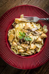 Tagliatelle pasta with forest mushrooms and chicken.