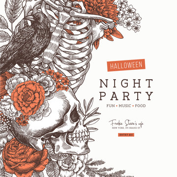 Halloween party invitation. Vintage floral anatomy background. Vector illustration