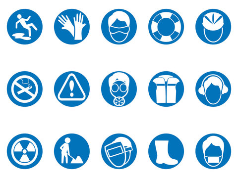 blue work safety round button icons set