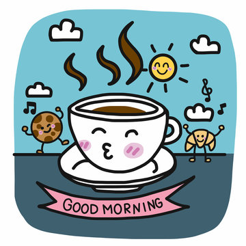 Good morning coffee cup and breakfast friend cartoon vector illustration doodle style