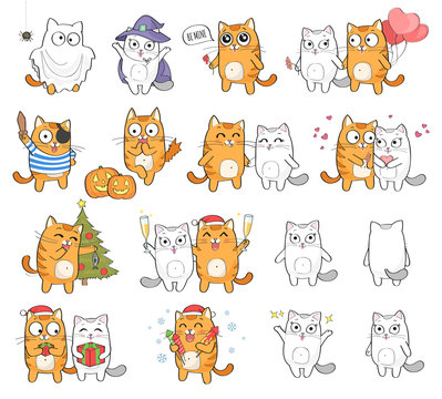 Cute cat character with different emotions, isolated on white background. Holidays set: Christmas, Halloween, Saint Valentine's Day.