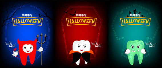Cute scary tooth character design of devil, dracula and zombie. Happy  Halloween concept . Illustration for your poster, banner, greeting card and party invitation.