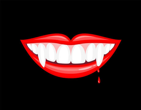 Vampire mouth with drops of blood. Trick or treat concept. Happy Halloween day. Vector illustration isolated on black background.