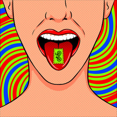 Stamp with LSD drug on tongue pop art vector - obrazy, fototapety, plakaty