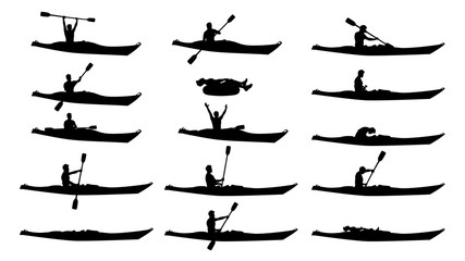 man in kayak silhouette set - obrazy, fototapety, plakaty