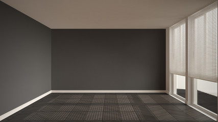 Fototapeta premium Empty room with big panoramic window, gray walls and wooden floor. Renovation concept, architecture interior design.