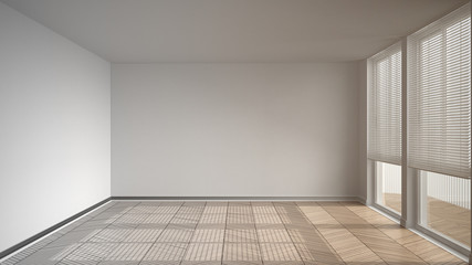 Obraz premium Unfinished project of empty room with big panoramic window, white walls and wooden floor. Renovation concept, architecture interior design.