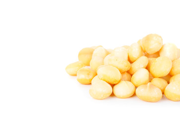 Roasted and salted Macadamia nuts on white background