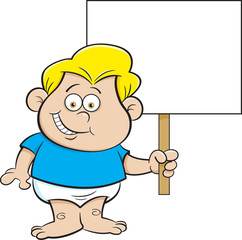 Cartoon illustration of a baby holding a sign.