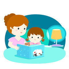 A vector illustration of a mother reading a bedtime story to her daughter..