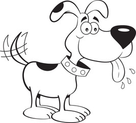 Black and white illustration of a dog with it's tongue out.
