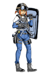 police girl with gun and shield,illustration,art,design,logo,color