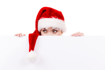 Woman with blank empty banner board. Christmas