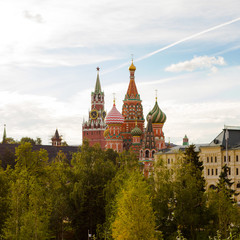 Fototapeta na wymiar Saint Basil's Cathedral and Kremlin. View from Zaryadye Park. Moscow, Russia.