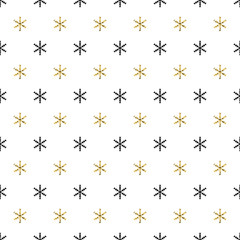 Christmas New Year seamless pattern with snowflakes. Holiday background. Gold snowflakes. Xmas winter decoration. Golden texture. Hand drawn vector illustration. Snow pattern. Wrapping gift paper.