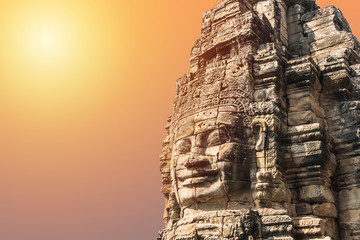 Smile face stone at bayon temple in angkor thom siem reap cambodia