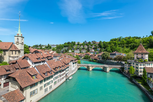 View of the Old City of Bern with the bridge Untertorbryukke over Aare river, Berne, Switzerland