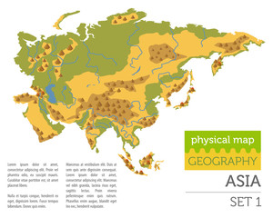 Flat Asia physical map constructor elements isolated on white. Build your own geography infographics collection