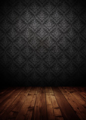 dark interior room with baroque wallpaper.