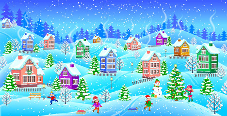 Winter landscape with snowcovered houses children snowman