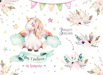 Isolated cute watercolor unicorn clipart. Nursery unicorns illustration. Princess rainbow unicorns poster. Trendy pink cartoon horse. - obrazy, fototapety, plakaty
