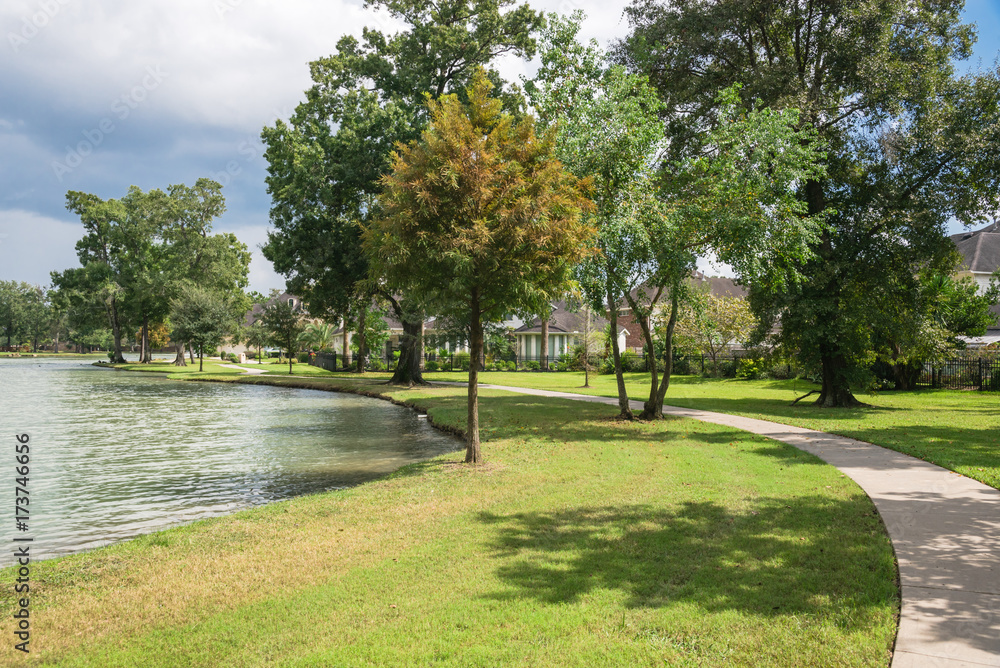 Wall mural shady path leads to residential houses by the lake in houston, texas, usa.