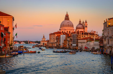 Cityscape view on Santa Maria della Salute basilica in sunset in Venice, Italy