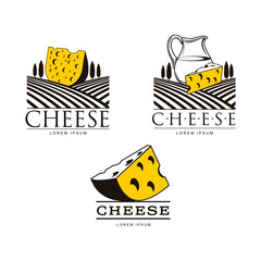 Set of logo templates with cheese chunks, fields and jug, vector illustration isolated on white background. Set of cheese logo, logotype, emblem, symbol design concepts