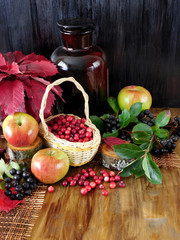 Cranberries in a wicker basket surrounded by apples, black rowan and red autumn leaves