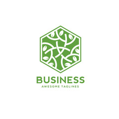 architectural or environmental company in a shape of green arch hexagon with green leaves Sign to buy windows or doors from natural materials, green leaf decorative hexagon