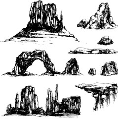 hand drawn vector set with canyon and stones of wild west and america. cowboy and vintage theme