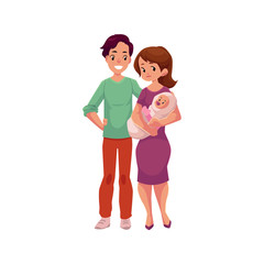 vector flat cartoon adult couple and infant baby. Isolated illustration on a white background. Flat family characters. Adult smiling man, cute woman in purple dress and newborn baby