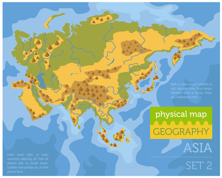 Flat Asia physical map constructor elements on the water surface. Build your own geography infographics collection