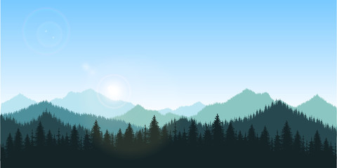 hand drawn vector nature illustration with mountains and forest on first view. silhouette landscape. using for travel and nature background and card