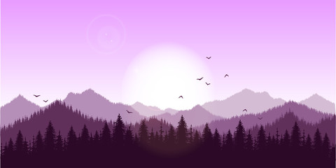hand drawn vector nature illustration with mountains and forest on first view. silhouette landscape. using for travel and nature background and card