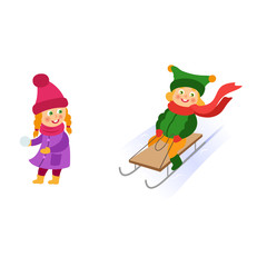 Obraz na płótnie Canvas Kids, children doing winter activities - one rushing downhill on a sleigh, another ready to throw a snowball, cartoon vector illustration isolated on white background. Kid, children winter activities