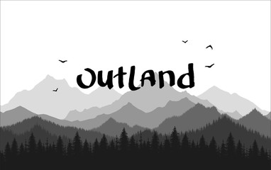 hand drawn vector nature illustration with mountains and forest on first view. silhouette landscape. using for travel and nature background and card