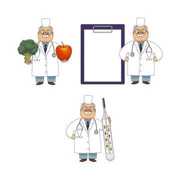 vector flat cartoon adult male doctors, nurses in medical clothing holding big thermometer, clipboard fruit vegetables smiling set. Isolated illustration on a white background.