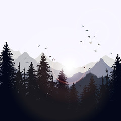 hand drawn vector nature illustration with mountains and forest on first view. silhouette landscape. using for travel and nature background and card