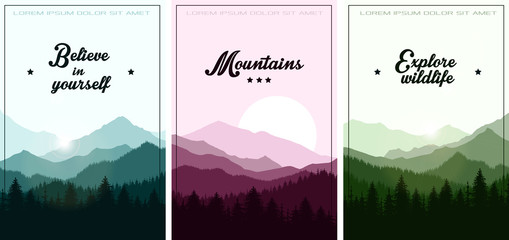 hand drawn vector nature illustration with mountains and forest on first view. silhouette landscape. using for travel and nature background and card