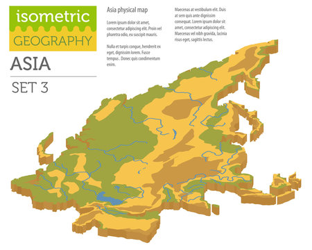 Isometric 3d Asia physical map constructor elements isolated on white. Build your own geography infographics collection