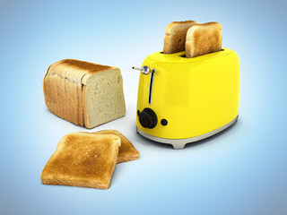 Toaster with toasted bread isolated on blue gradient background Kitchen equipment Close up 3d - obrazy, fototapety, plakaty