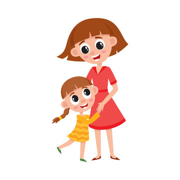 vector flat cartoon girl daughter and woman hugging. Isolated illustration on a white background. Kid and mother characters loving each other. Daily routine concept