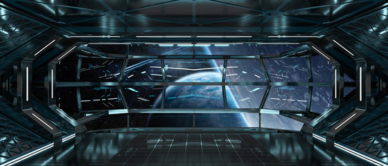 Spaceship interior with view on planets 3D rendering elements of this image furnished by NASA