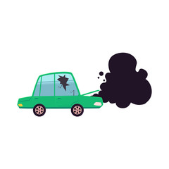 vector flat cartoon broken car with cracked glass, open hood and black smoke coming from it. Isolated illustration on a white background. Road safety concept