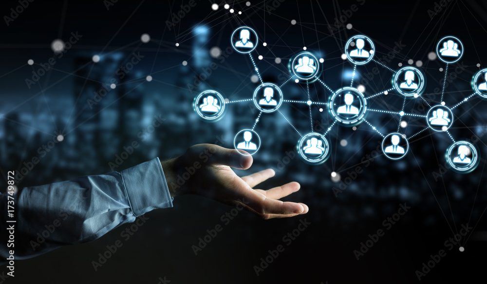 Poster Businessman using social network connection 3D rendering