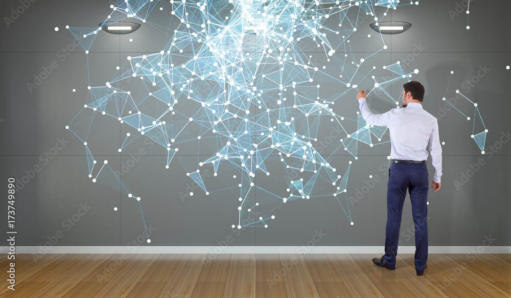 Poster Businessman using connection network on a wall 3D rendering