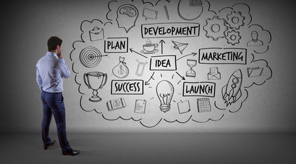 Businessman watching a project sketch on a wall 3D rendering