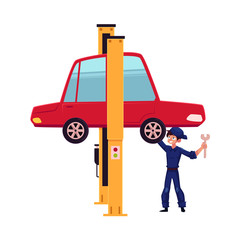 vector flat cartoon funny young man, boy mechanic in blue uniform repairing lifted sedan car with big wrench. Male full lenght portrait caucasian character isolated, illustration on a white background