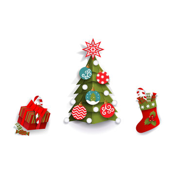 Paper cut Christmas tree, stocking and present box, decoration elements, flat vector illustration isolated on white background. Flat, paper cut Christmas tree, stocking and present box decorations